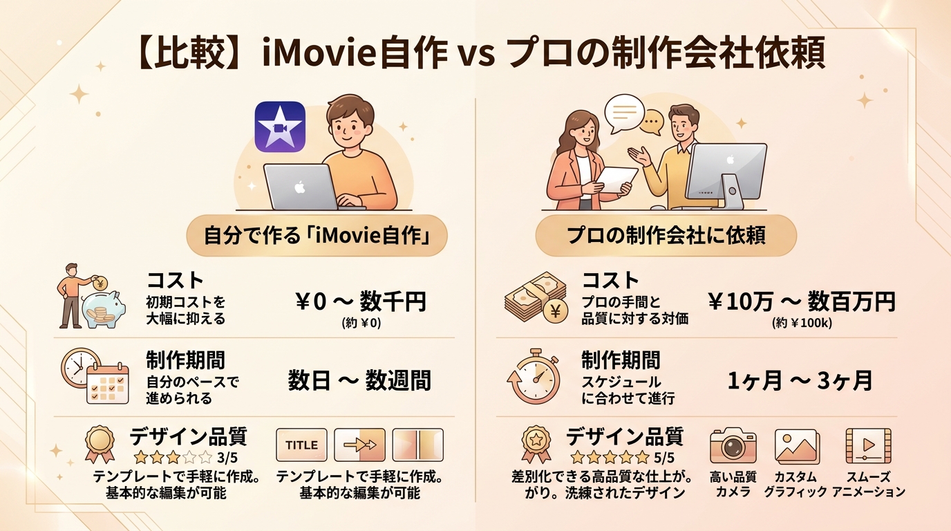 iMovie自作DIYと専門業者依頼の費用・時間・デザインクオリティ比較図解