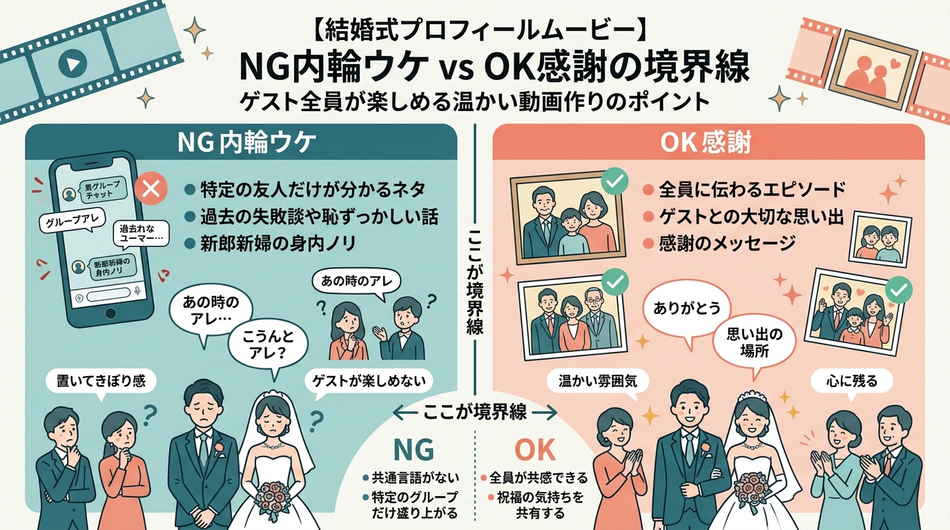 友人メッセージの内輪ネタ境界線NG・OK対比図解