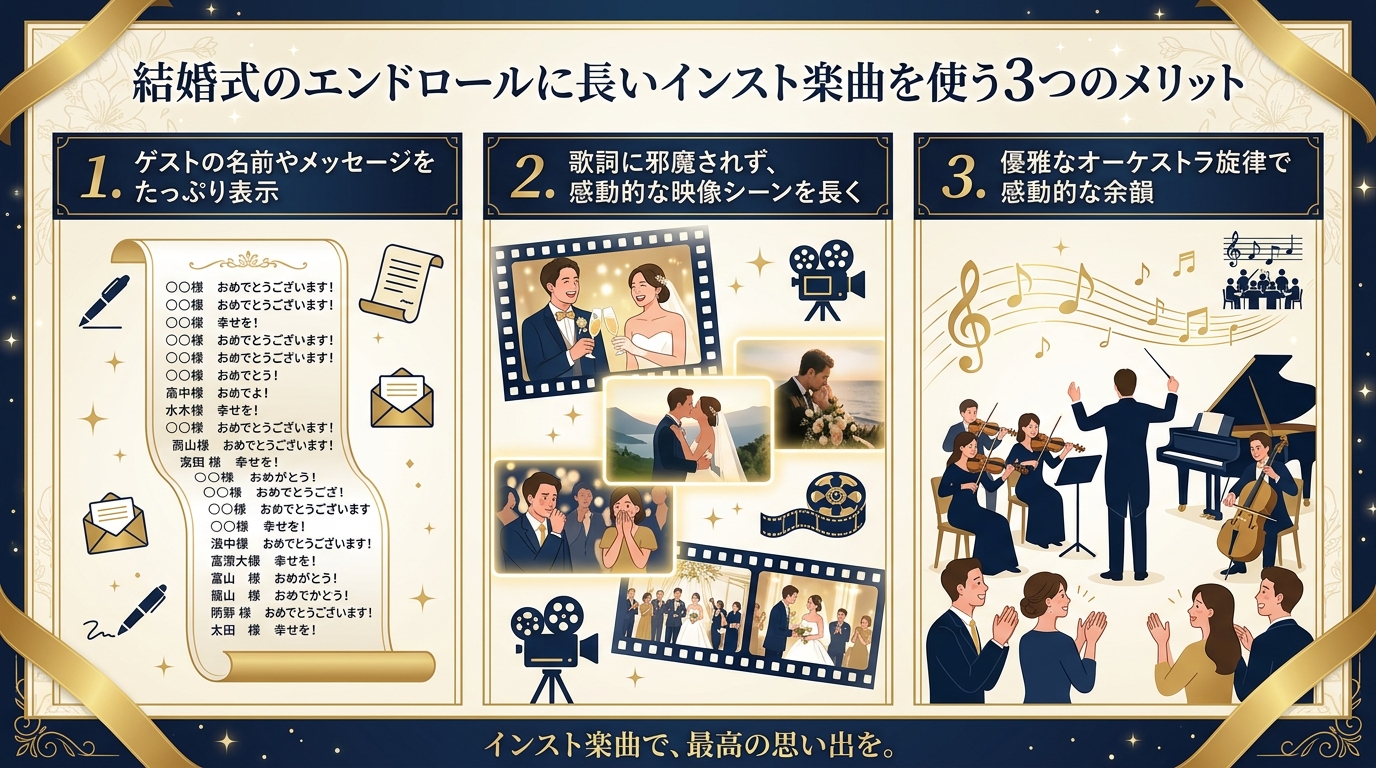 結婚式エンドロール長尺曲・インスト楽曲活用3大メリット図解