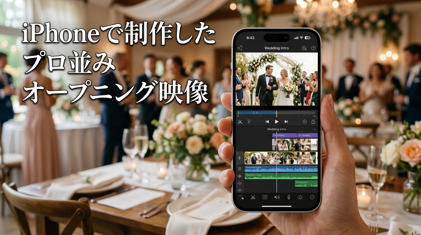 iPhoneアプリで制作された結婚式オープニングムービーの上映画面スチル