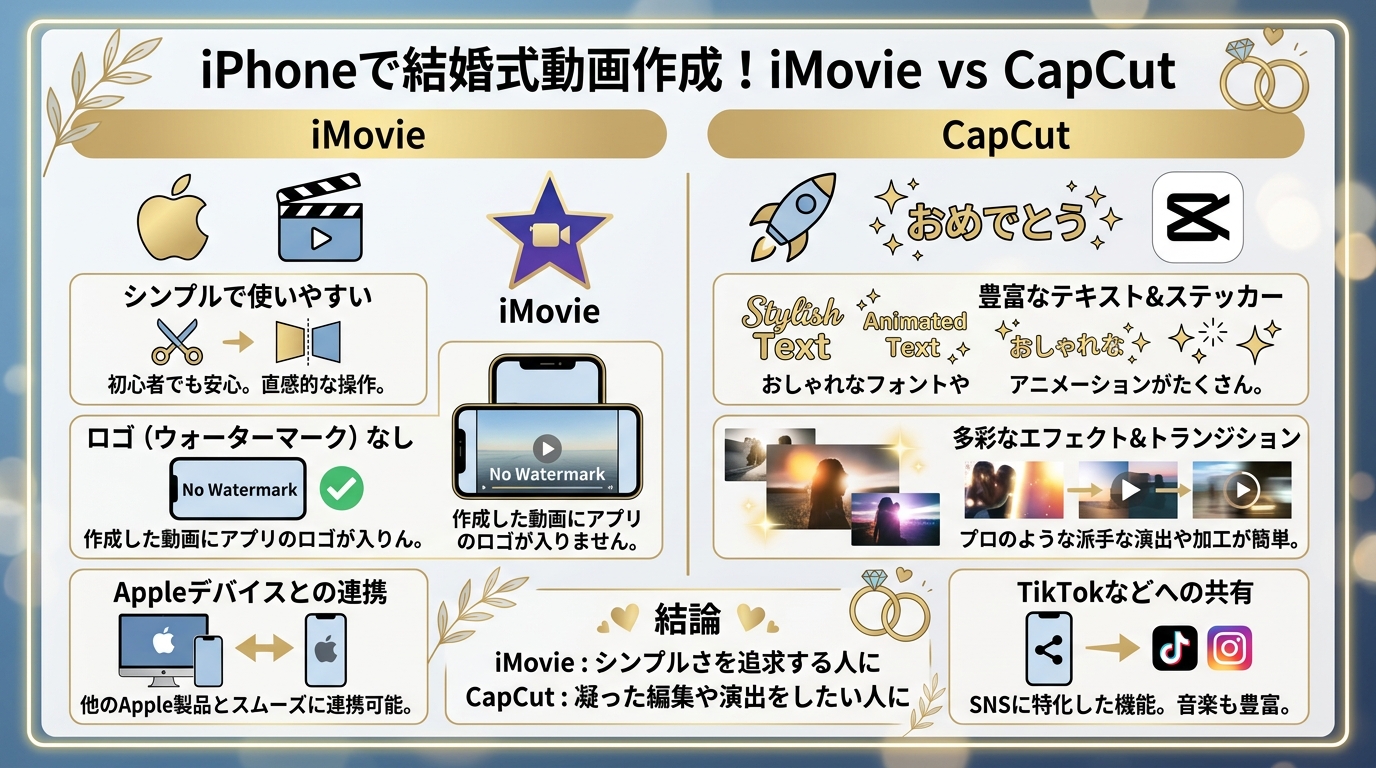 iPhone用動画編集アプリ iMovie vs CapCut 機能比較図解