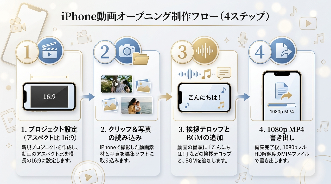 iPhoneアプリでの結婚式オープニングムービー作成4ステップ手順図解