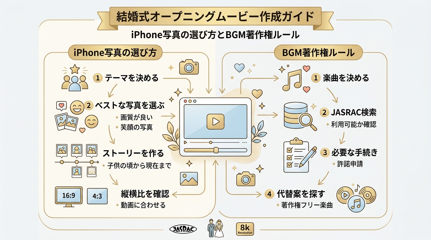 iPhone自作ムービーの写真選定とBGM著作権ルール図解