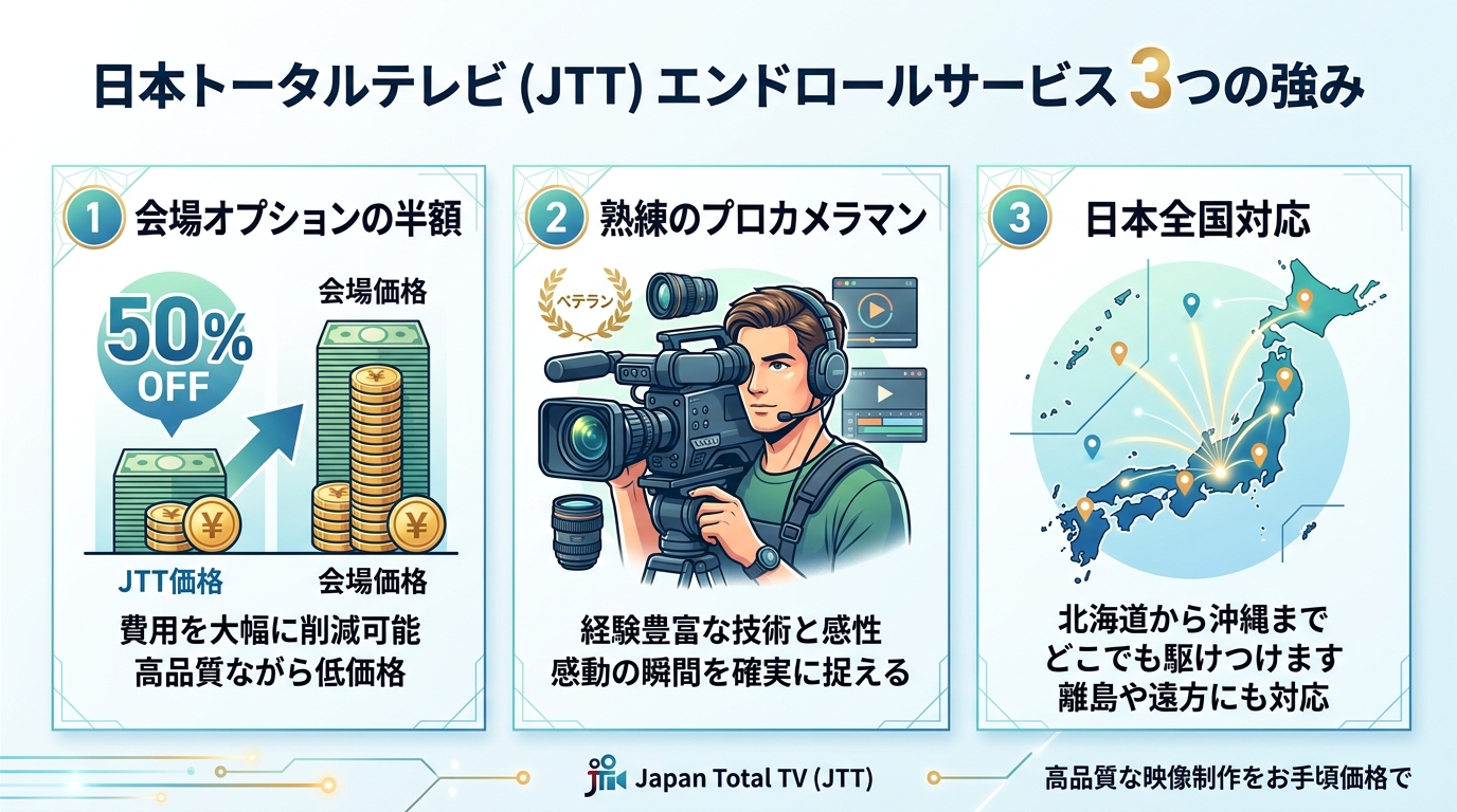日本総合テレビ(JTT)撮って出しエンドロールの3つの強み図解