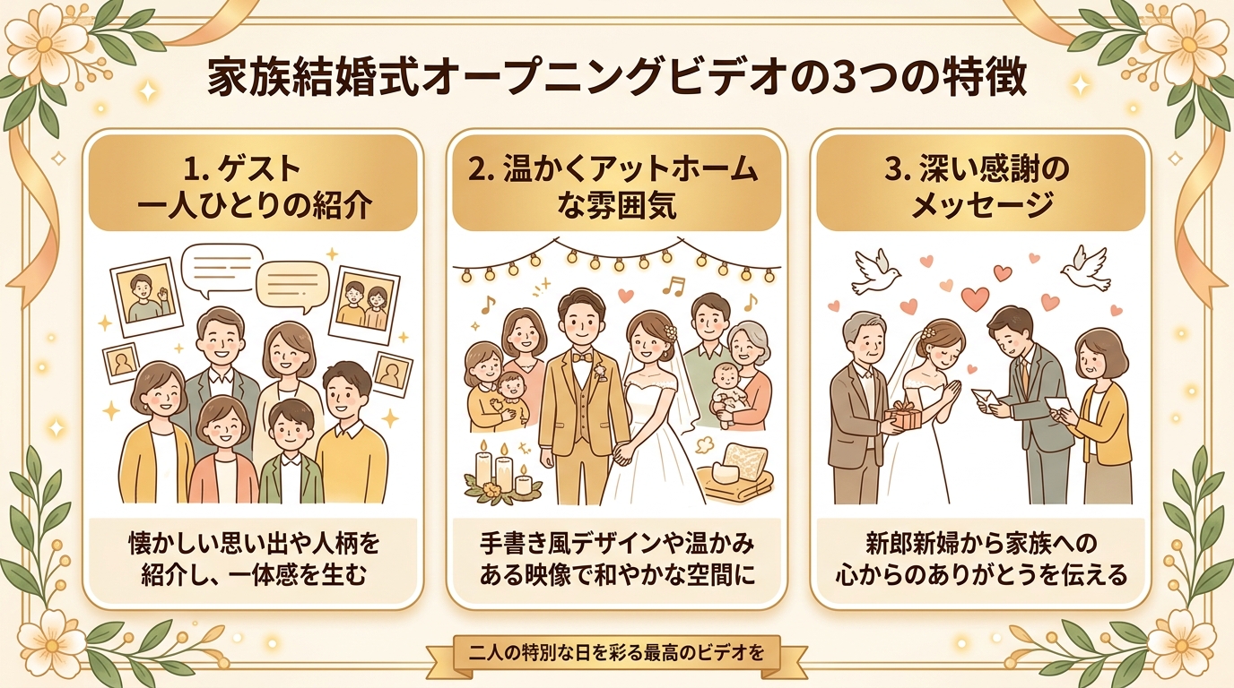 家族婚・少人数挙式向けオープニングムービーの3大特長図解