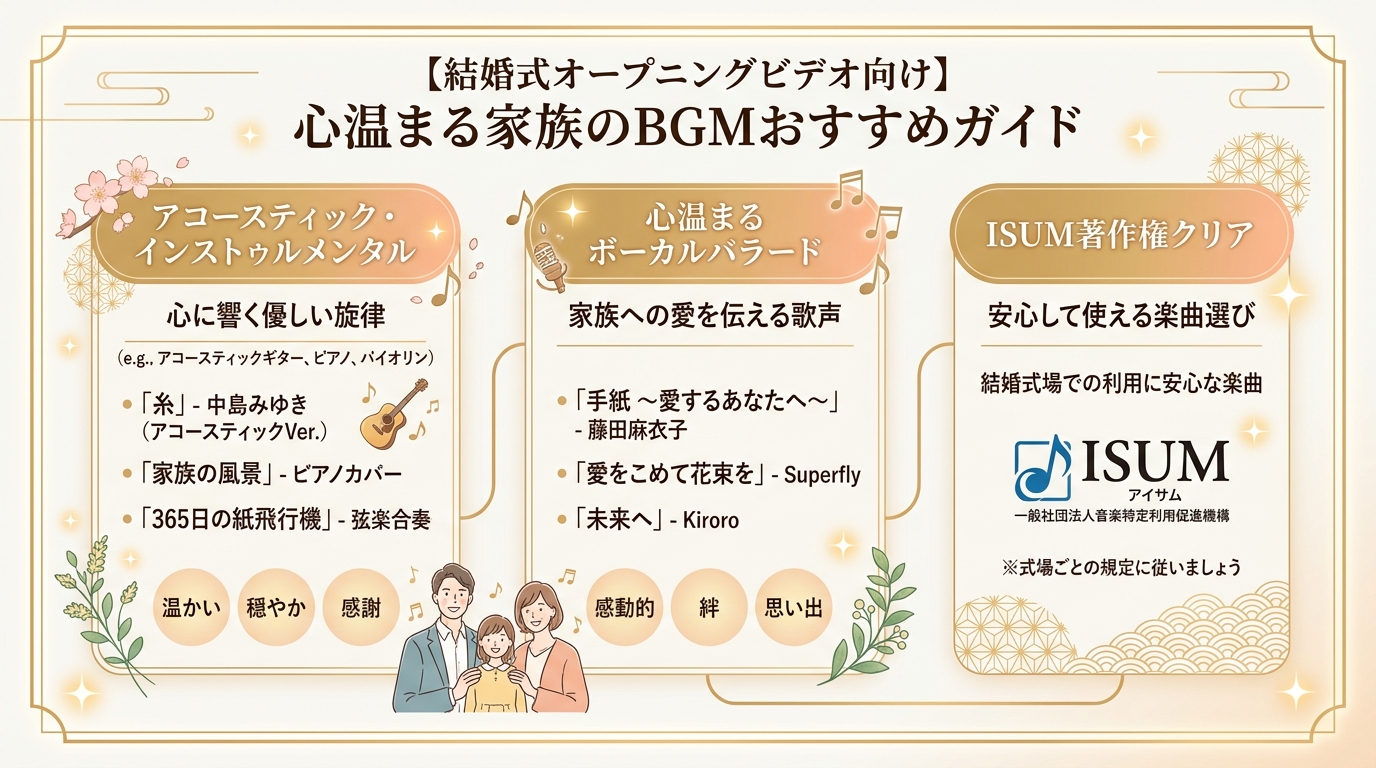 家族婚オープニングムービーのアコースティック&温かいBGM選定図解