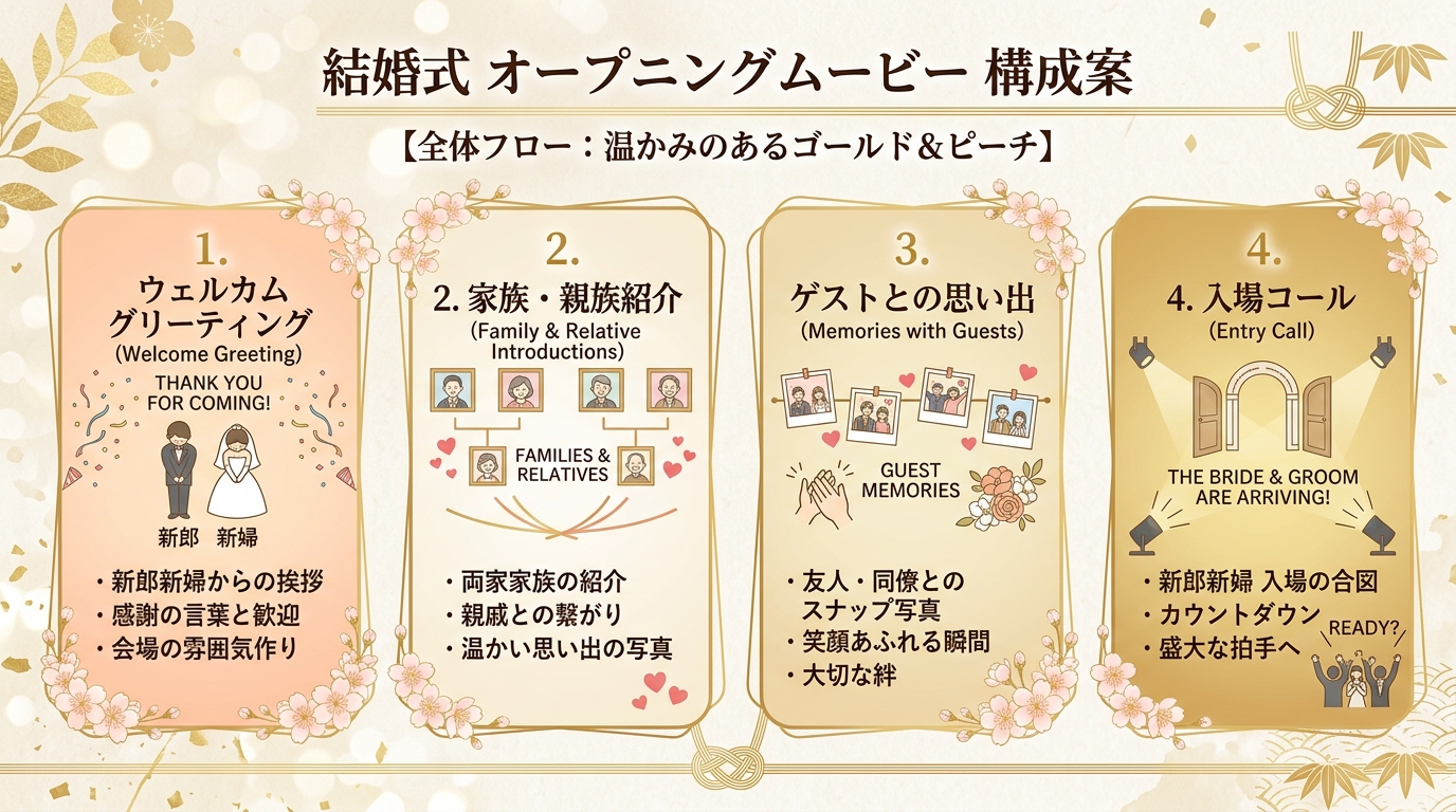 家族婚オープニングムービーの4パート構成タイムライン図解