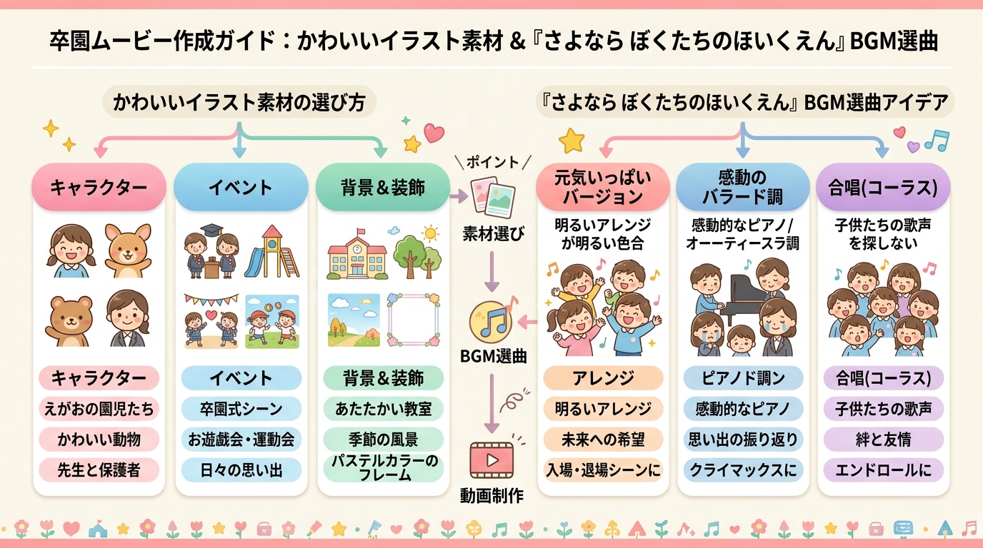 卒園ムービー用のかわいいフレームイラストと卒園ソングBGM選定図解