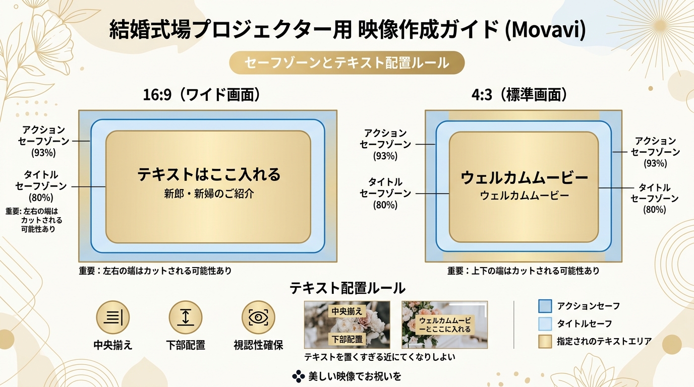 式場上映での16:9セーフゾーンと文字フチ取り装飾図解