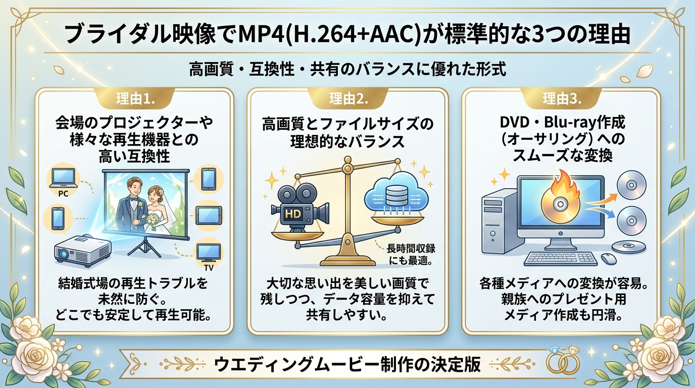 結婚式ムービーにMP4(H.264+AAC)形式が推奨される3つの理由図解