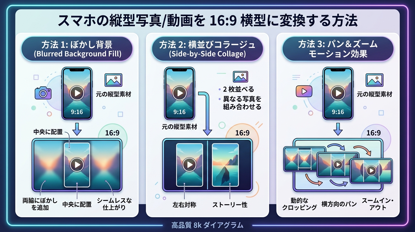 スマホの縦写真・縦動画を16:9横画面に綺麗に補正編集する加工ノウハウ図解