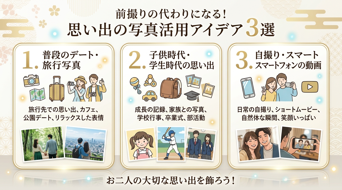 前撮り写真なしでオープニングムービーを作る3大代用写真素材図解