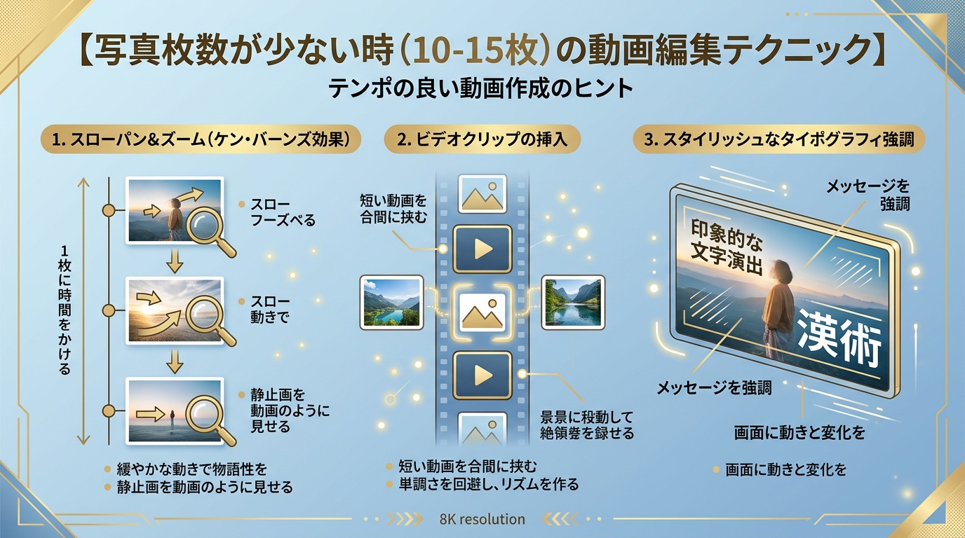 写真枚数が少ない場合の動画テンポ・アニメーション・タイポグラフィ調整図解