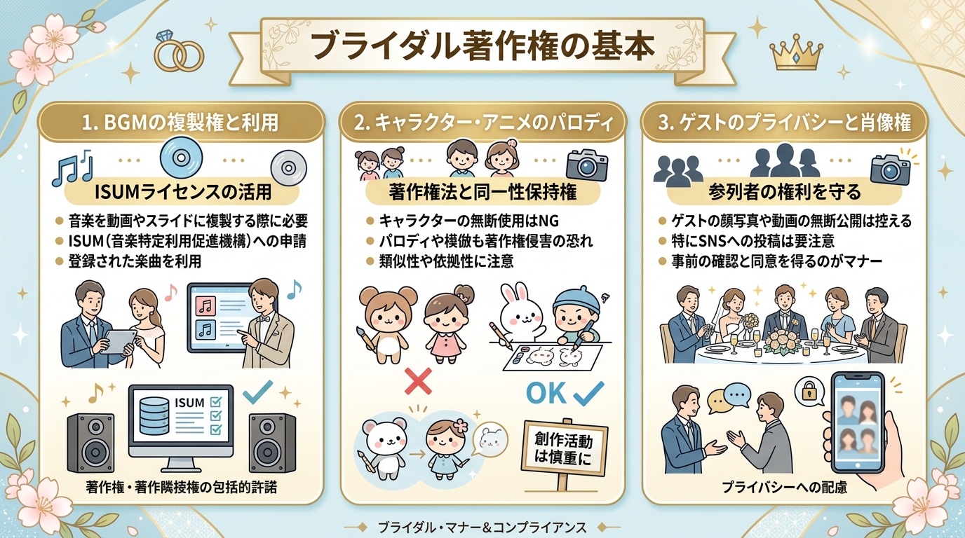 ブライダル著作権の基礎（BGM複製権・映像素材著作権・肖像権）図解
