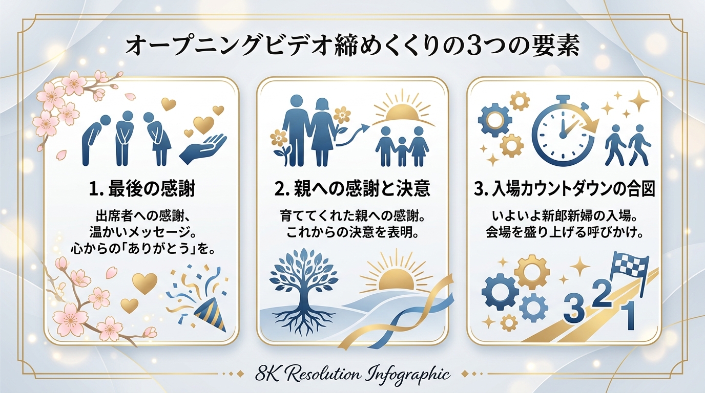 結婚式オープニングムービー締めコメントの3大構成要素図解