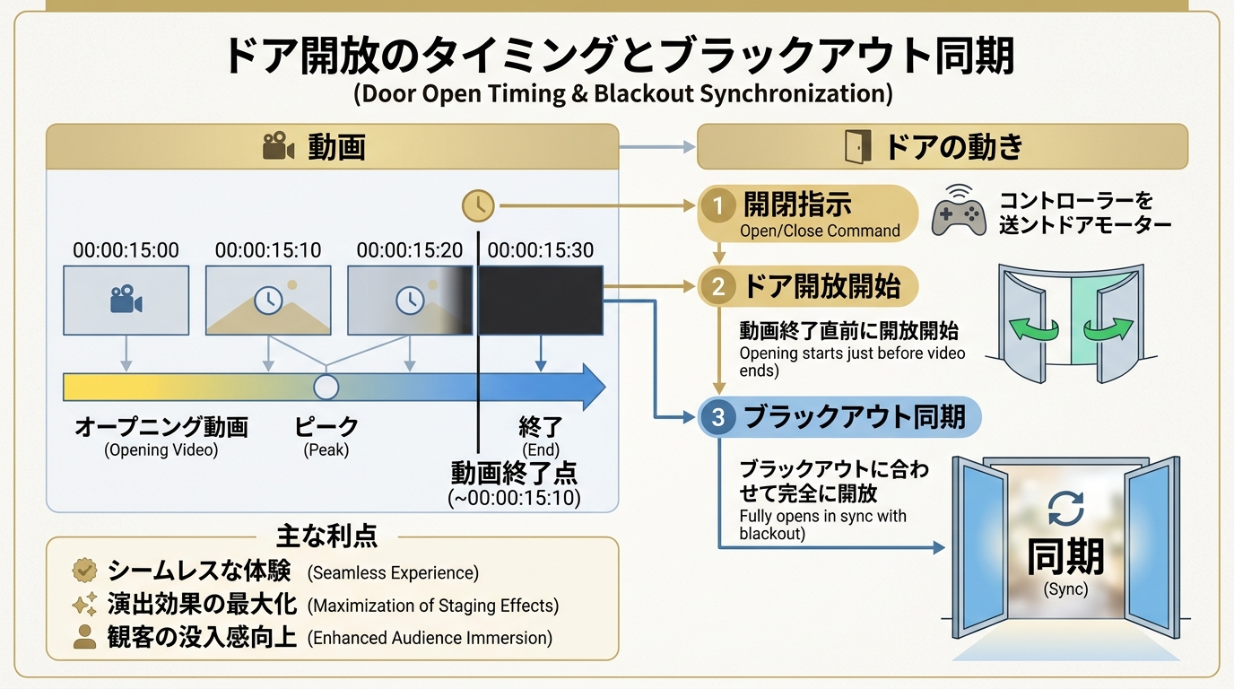 オープニング動画ラスト映像と会場ドアオープンのタイミング同期図解