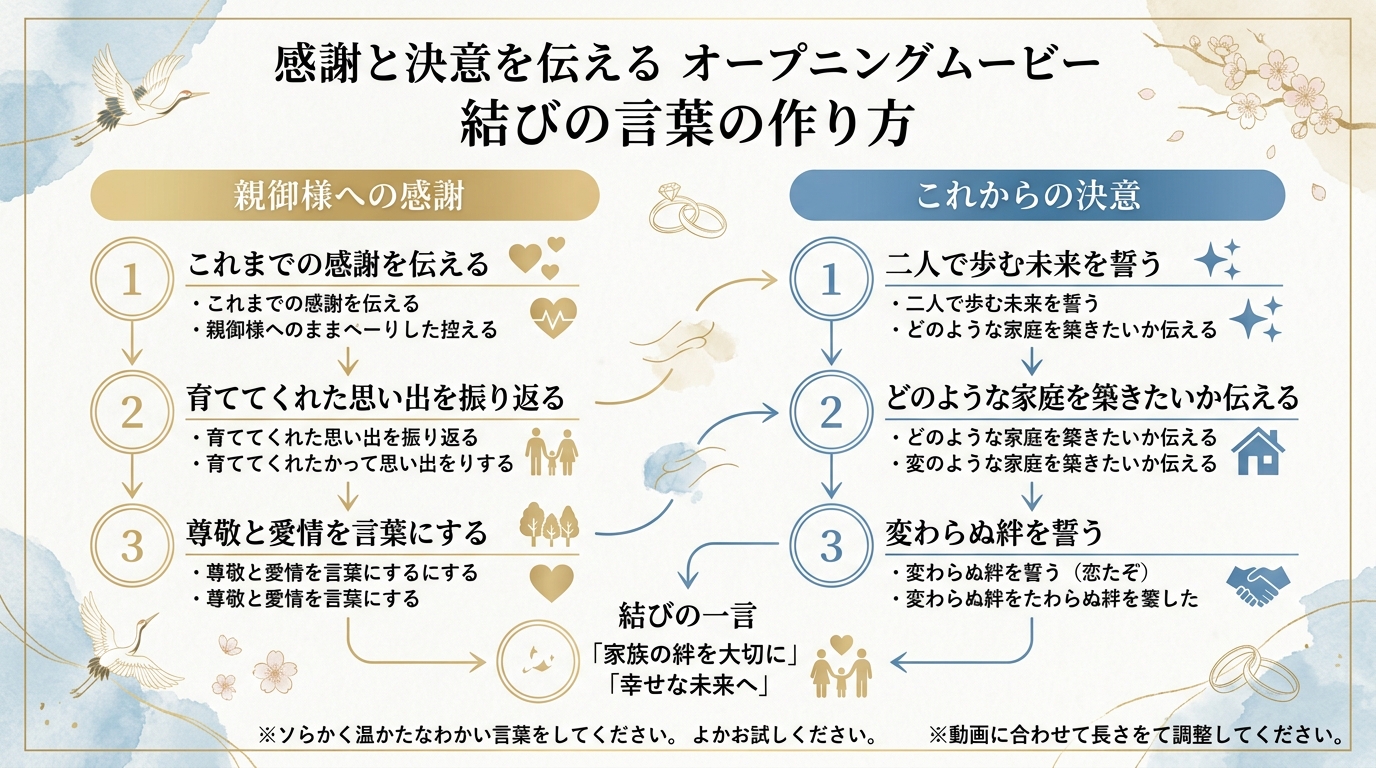 オープニングムービーラスト画面での両親感謝メッセージ演出図解