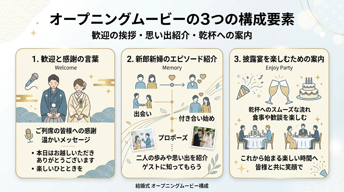 結婚式オープニングムービー挨拶コメントの基本3パート構成図解
