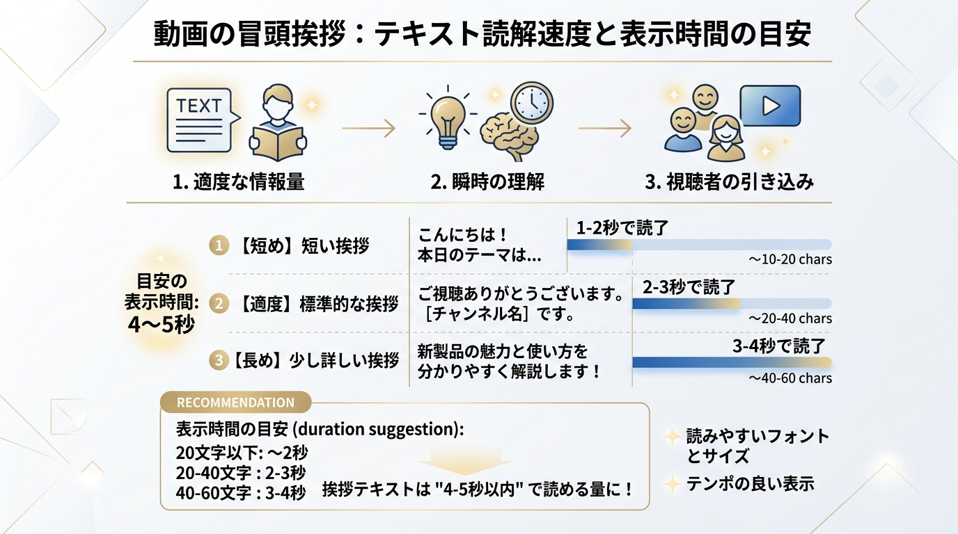 文字テロップ表示速度と滞在秒数(4〜5秒間)タイミング図解