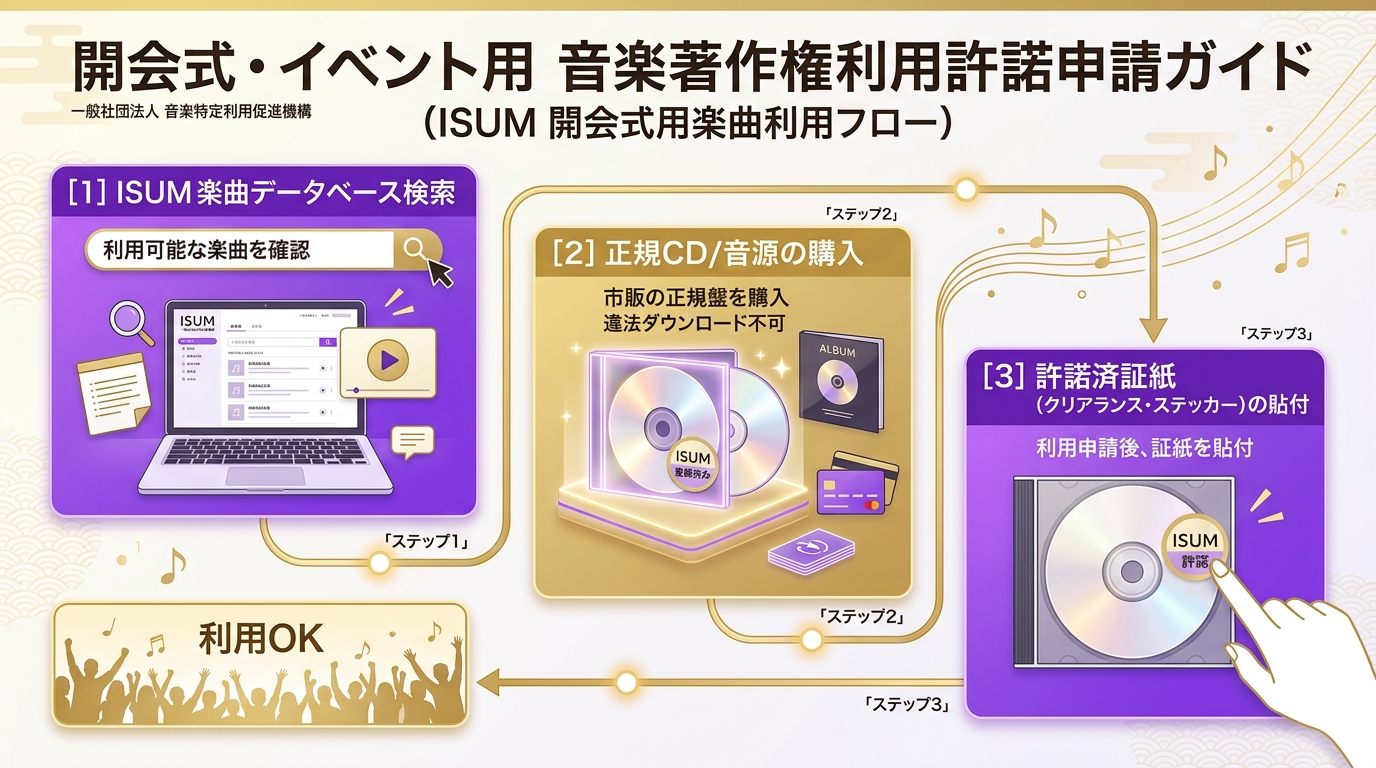 結婚式オープニングムービーBGMのISUM申請と正規音源利用ルール図解