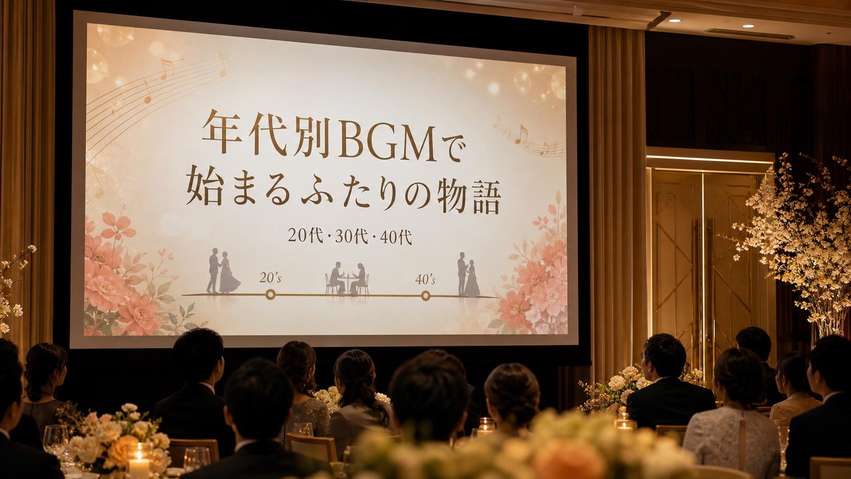 年代別BGMで始まる結婚式オープニングムービーの上映画面スチル