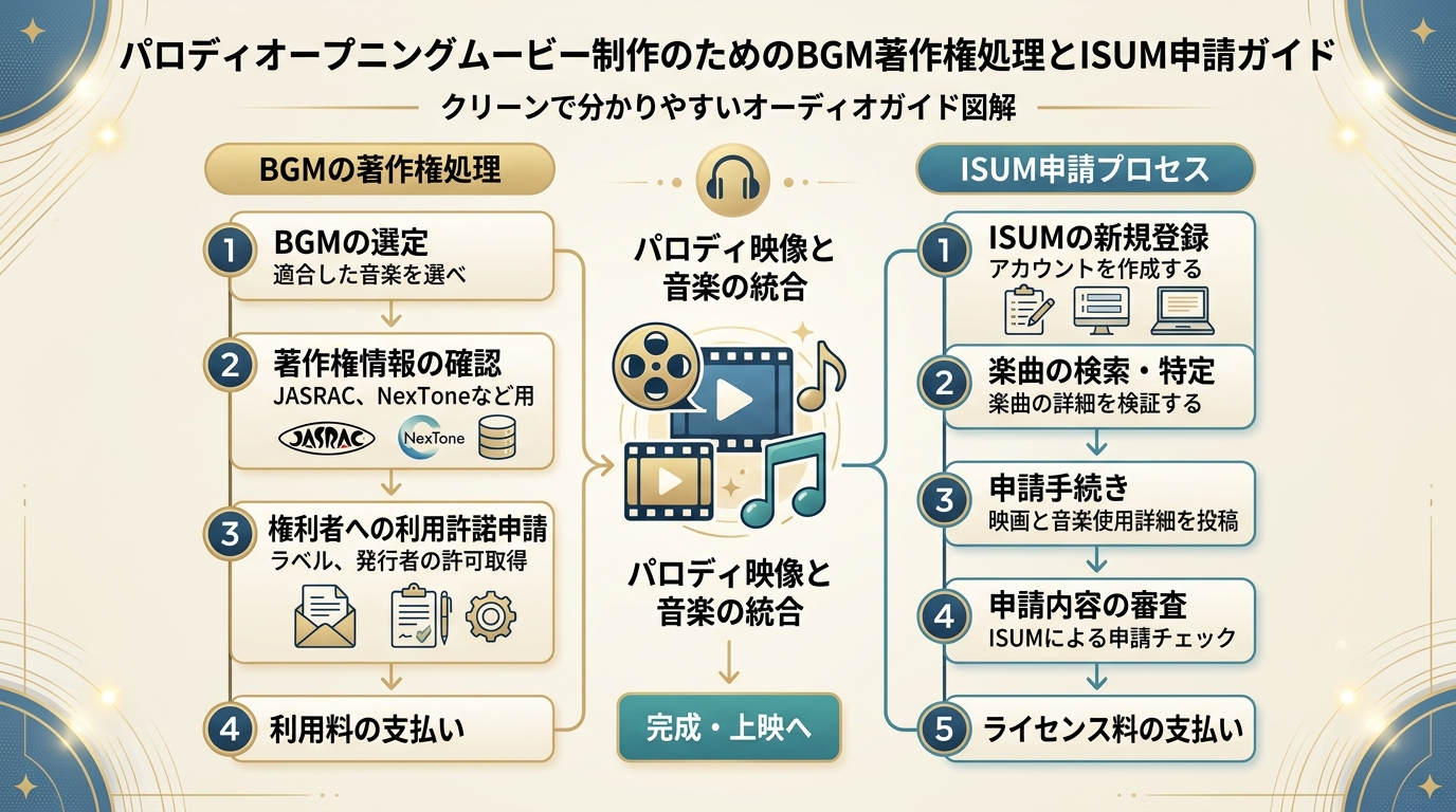 パロディムービーのBGM音源ISUM申請と効果音利用ガイド図解