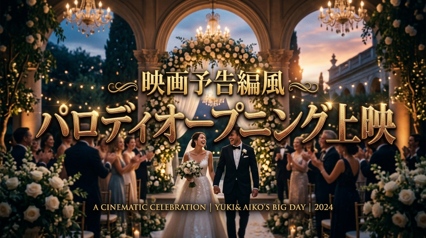 映画予告編風パロディ結婚式オープニングムービーの上映画面スチル