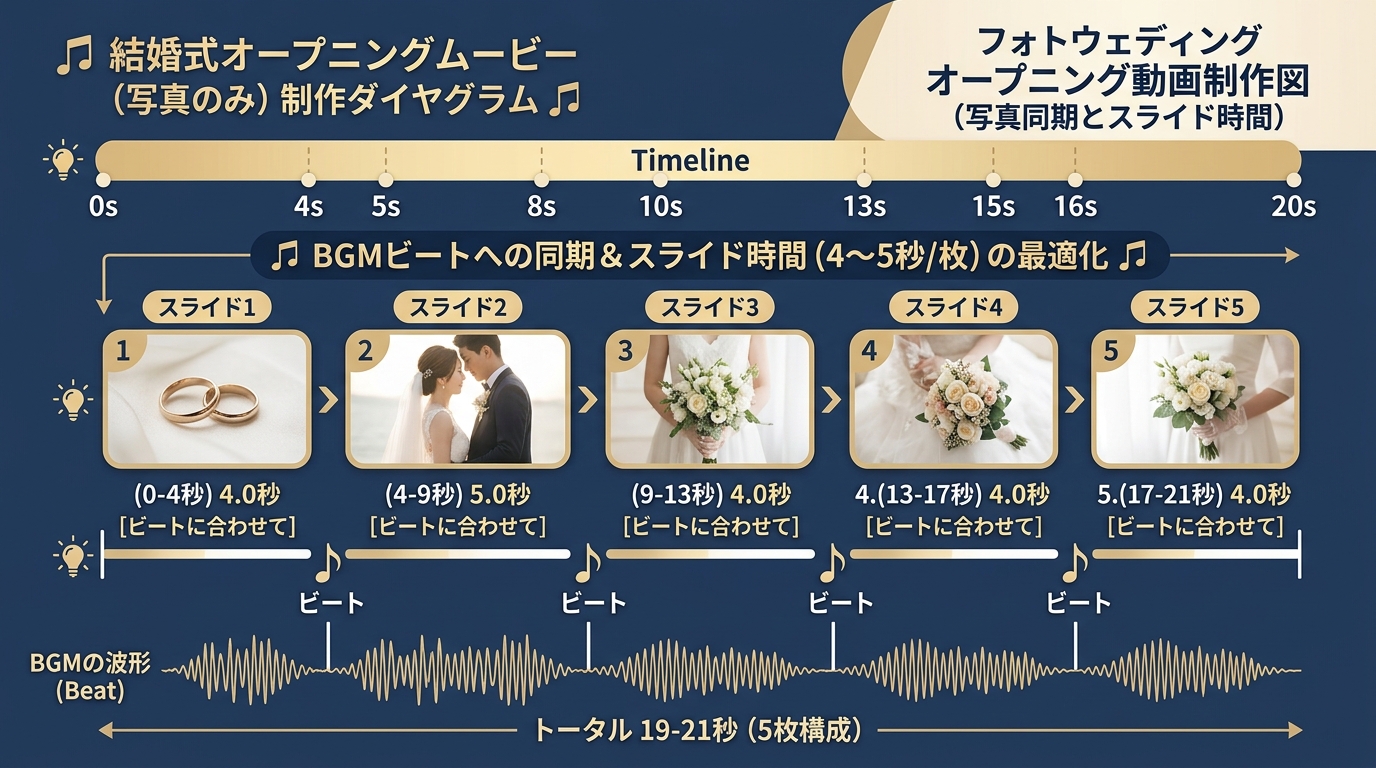 BGMのビート同期と写真切替スピード(1枚4〜5秒)図解