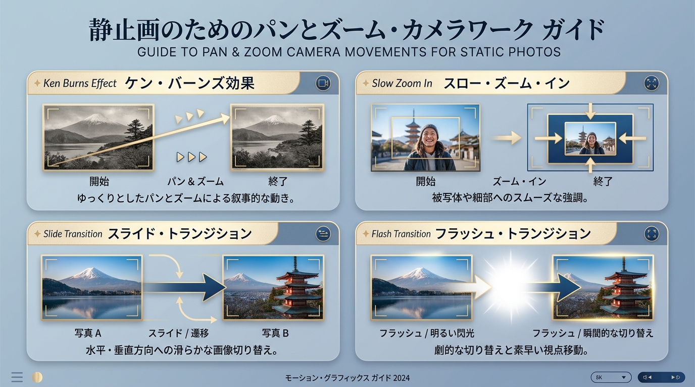 写真のみ動画に躍動感を与える4大カメラワーク&エフェクト図解