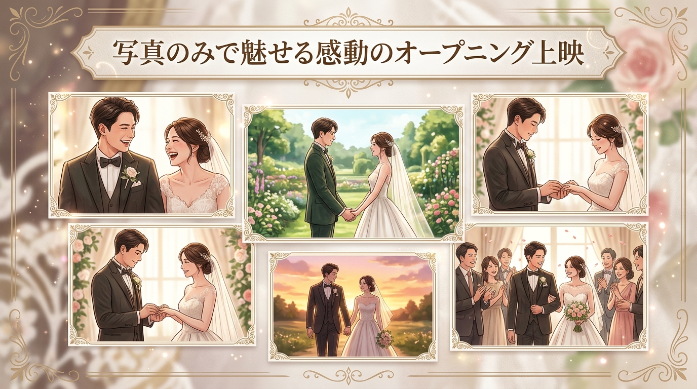写真のみで制作された結婚式オープニングムービーの上映画面スチル