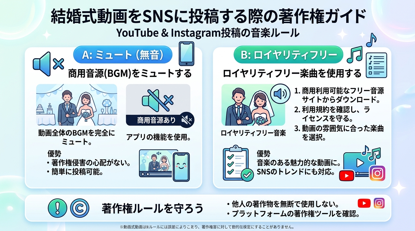 YouTubeやInstagramへ結婚式動画を投稿する際の著作権注意点図解