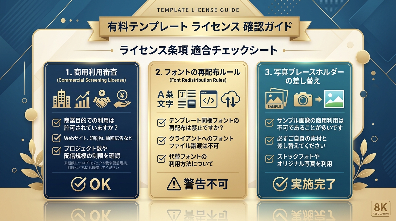 有料テンプレート購入前のブライダル上映ライセンス＆対応ソフト確認図解