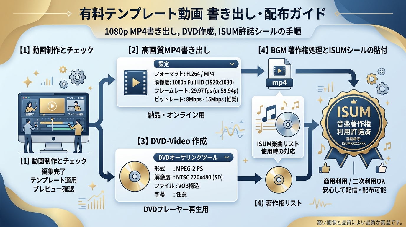 有料テンプレート動画の1080p MP4書き出しとDVD-Videoオーサリング・ISUMシール図解