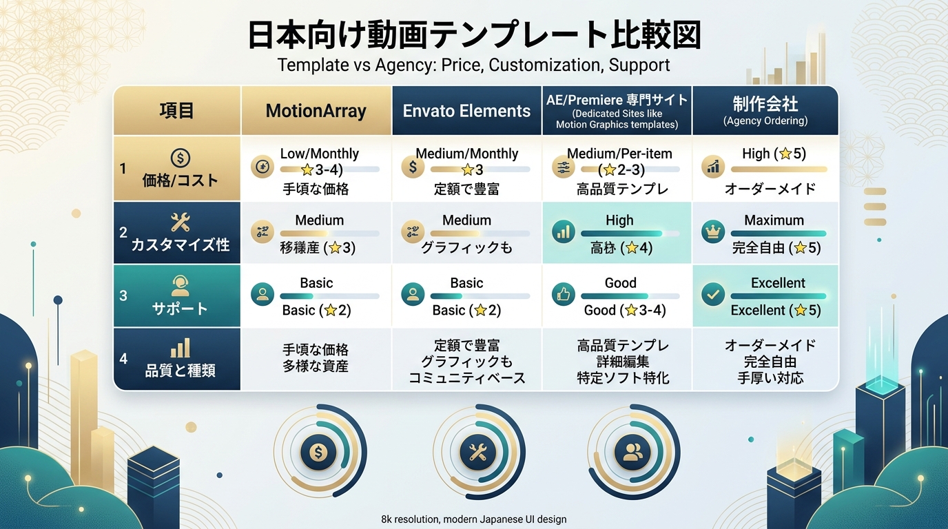 おすすめ有料テンプレート配信サイト（MotionArray・Envato・国内ショップ）比較図解
