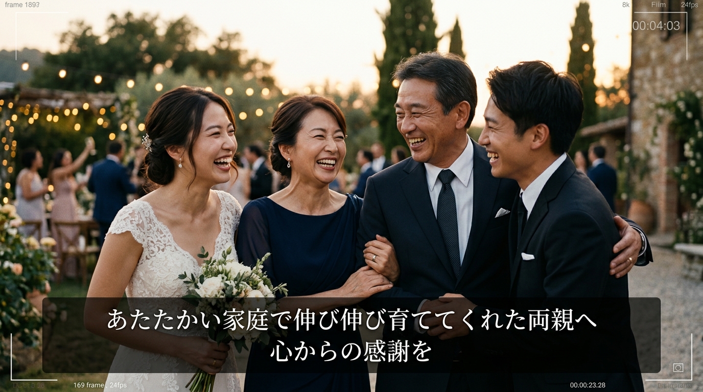 ご両親ふたりへの感謝プロフィールムービー画面一コマ実例（写真と字幕テロップ配置）
