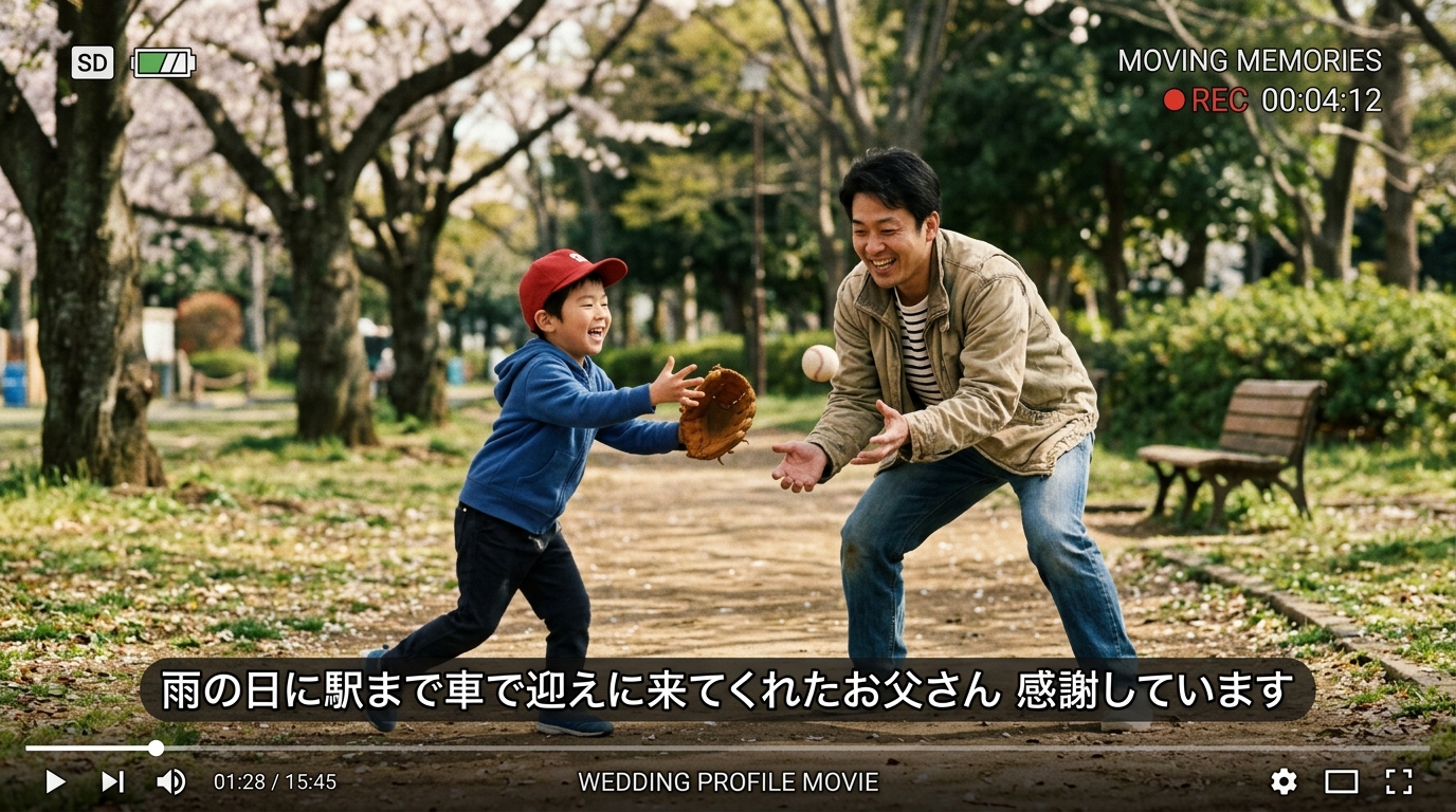 お父様への感謝プロフィールムービー画面一コマ実例（写真と字幕テロップ配置）
