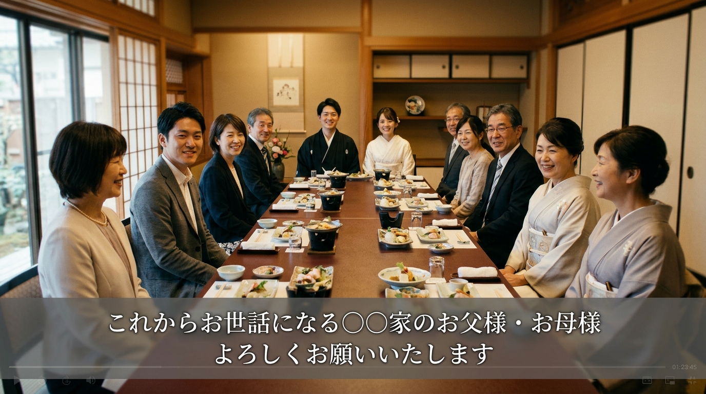 義理のご両親への挨拶プロフィールムービー画面一コマ実例（写真と字幕テロップ配置）