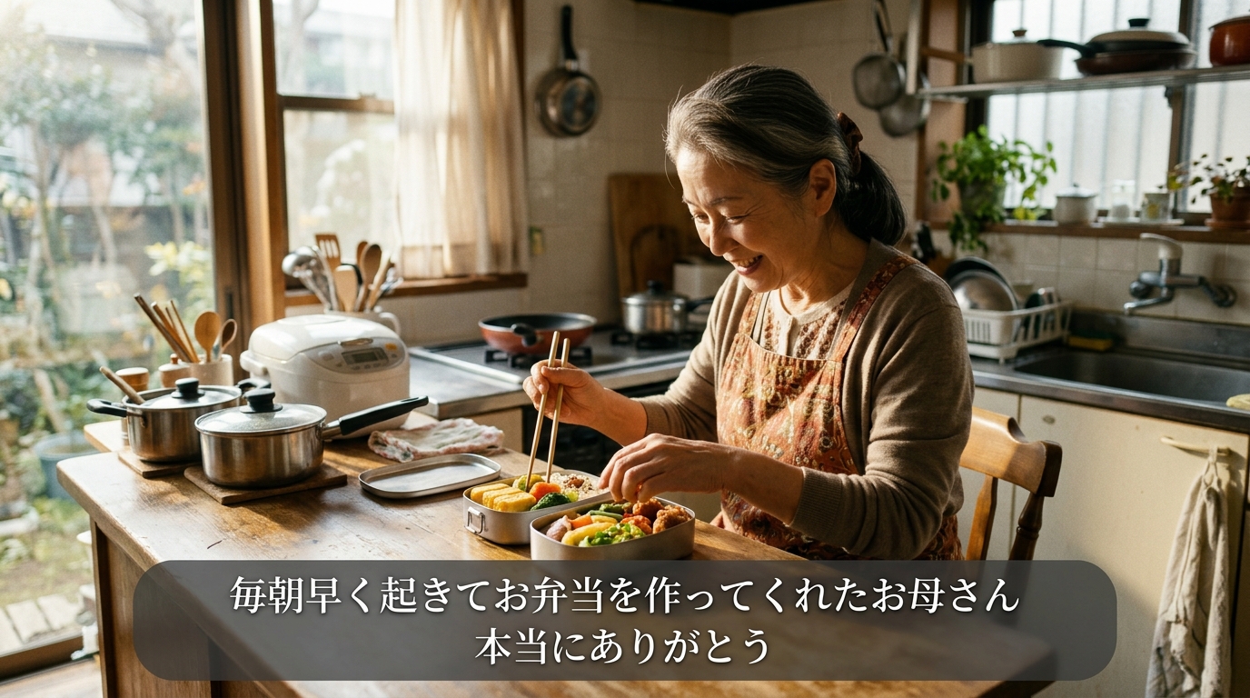 お母様への感謝プロフィールムービー画面一コマ実例（写真と字幕テロップ配置）