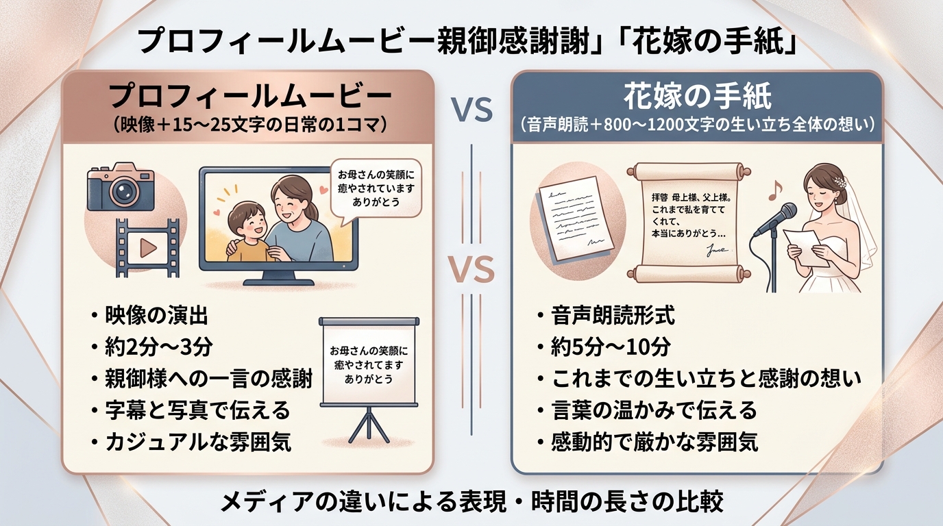 プロフィールムービーの両親感謝vs花嫁の手紙の役割分担比較図解