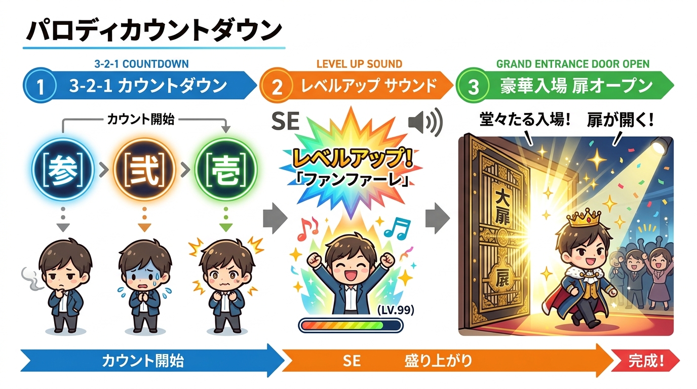 パロディオープニングの「3・2・1」入場扉解放カウントダウン構成図解