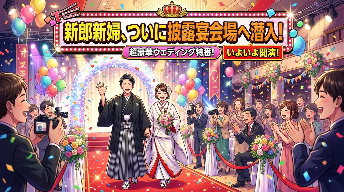 パロディ文字演出が添えられた結婚式オープニングムービーの上映画面スチル
