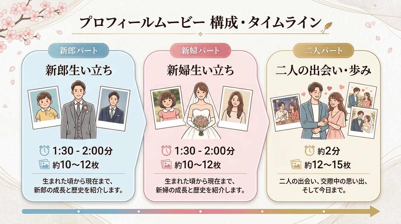 プロフィールムービー3パート(新郎/新婦/ふたり)の時間配分と枚数計算図解