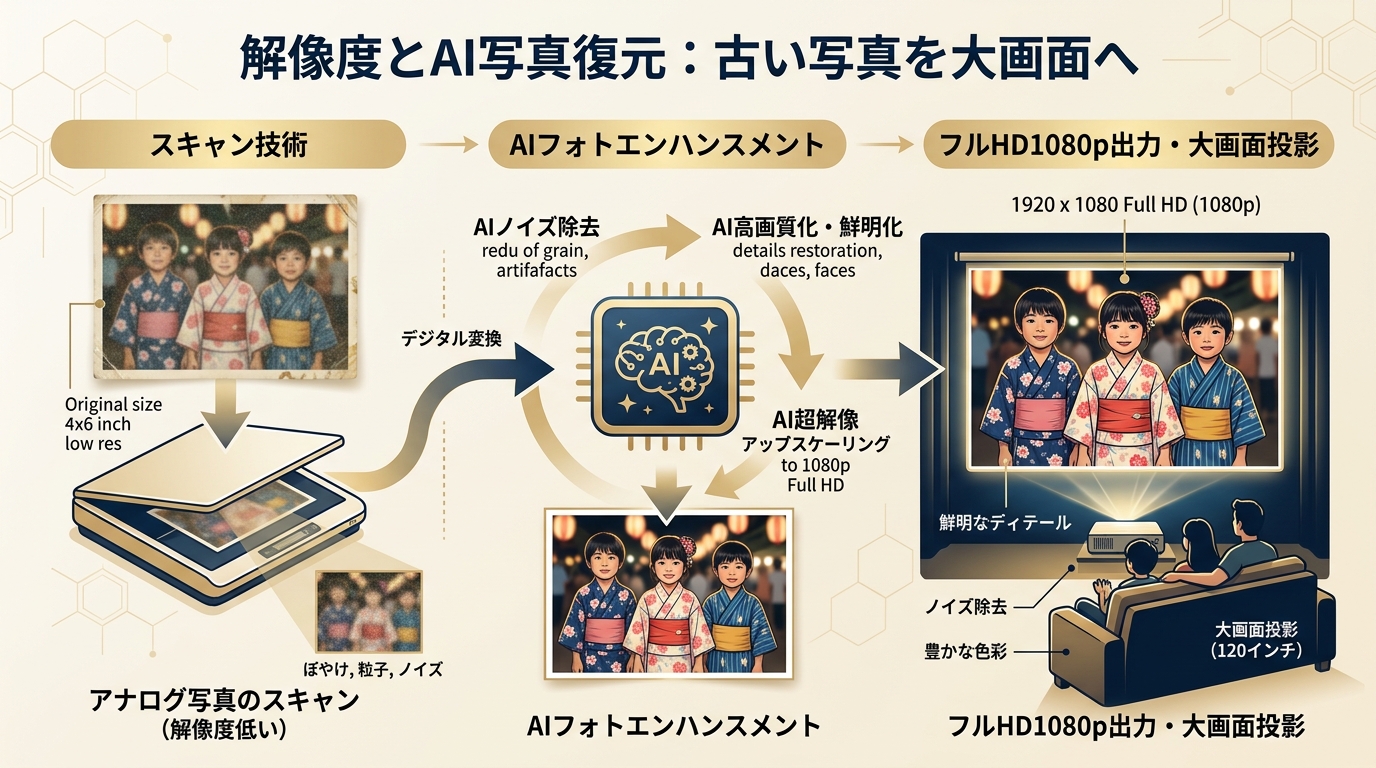 古い紙写真のスキャンとAI高画質化・ノイズ除去補正フロー図解