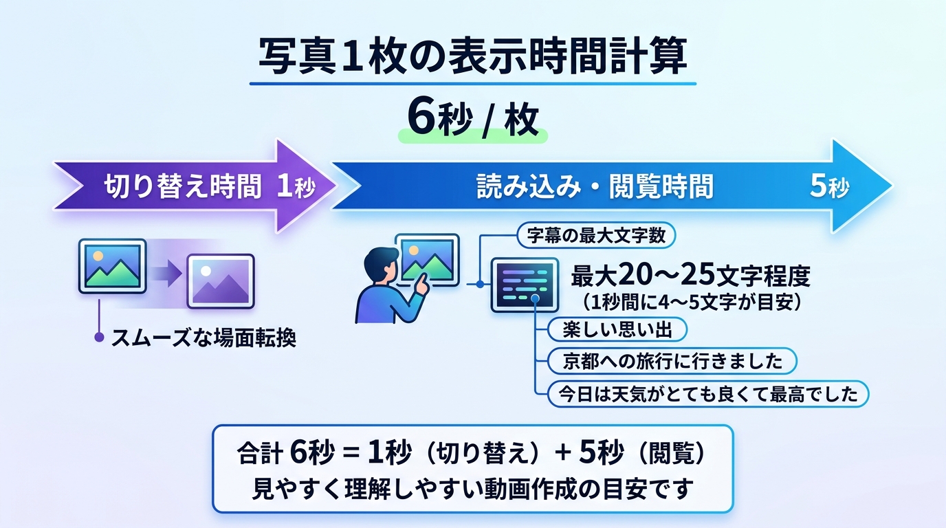 1写真あたりの表示秒数(6秒ルール)と読める字幕テロップ文字数計算図解