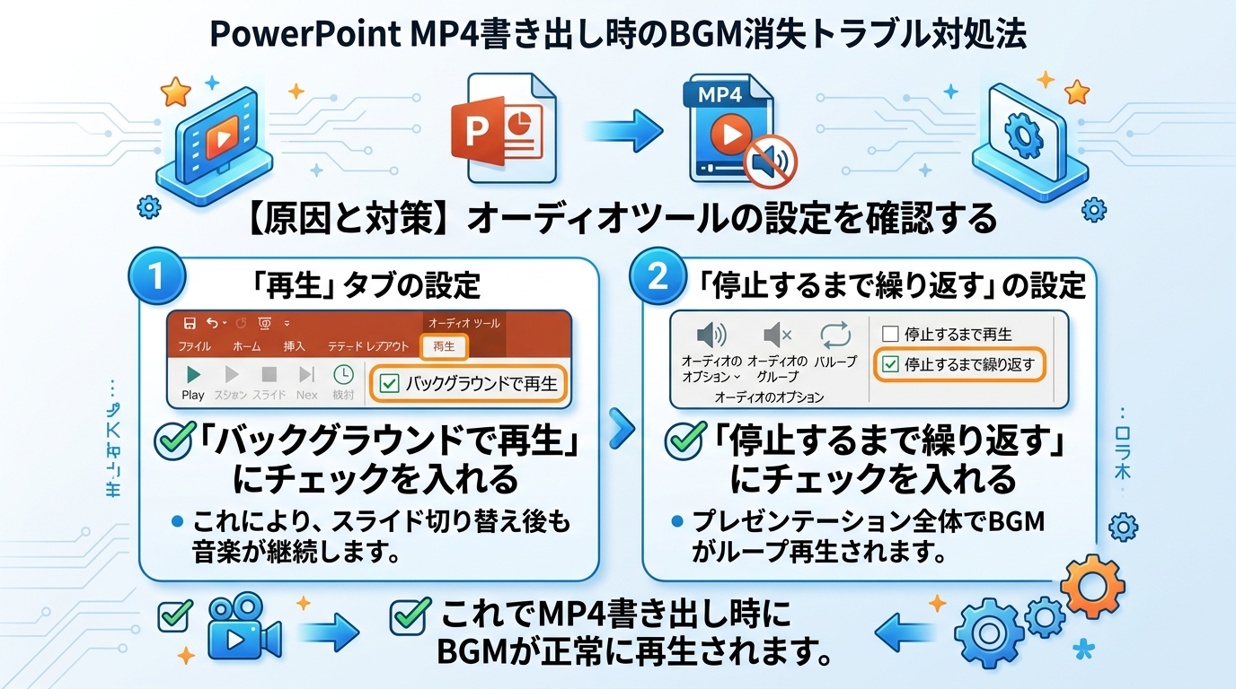 PowerPoint書き出し時のBGM音声消去トラブル回避設定図解