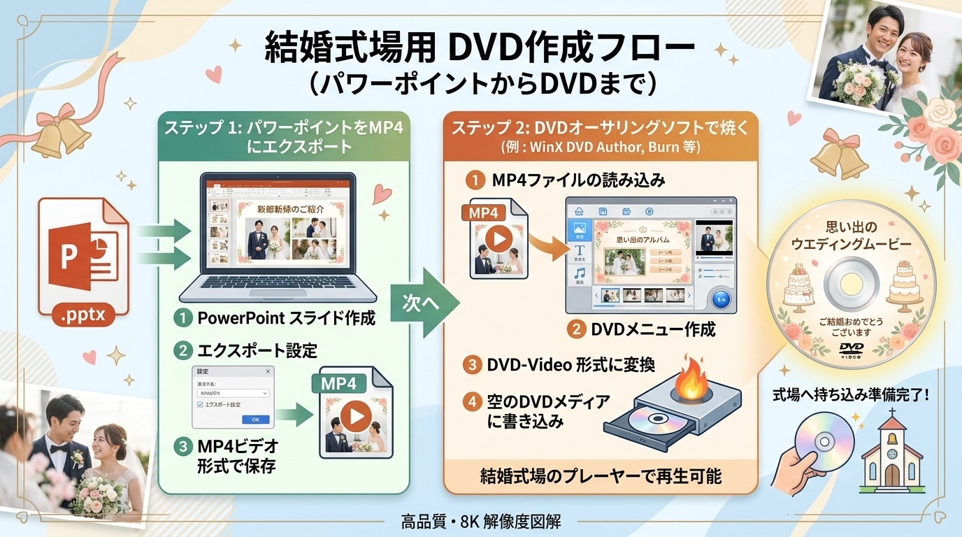 PowerPoint MP4動画から式場上映用DVD-Videoディスクを作成するフロー図解