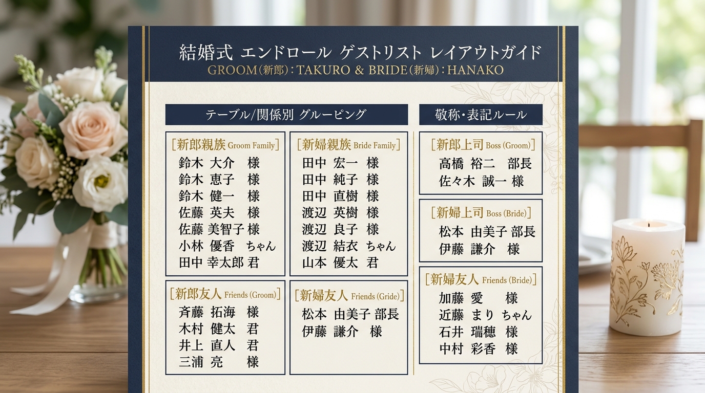 結婚式エンドロールのゲスト席順グループ配置と敬称(様・くん・ちゃん)ルール図解