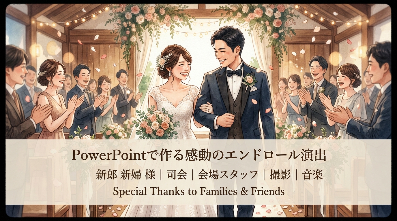 PowerPointで制作された結婚式エンドロールムービーの上映画面スチル