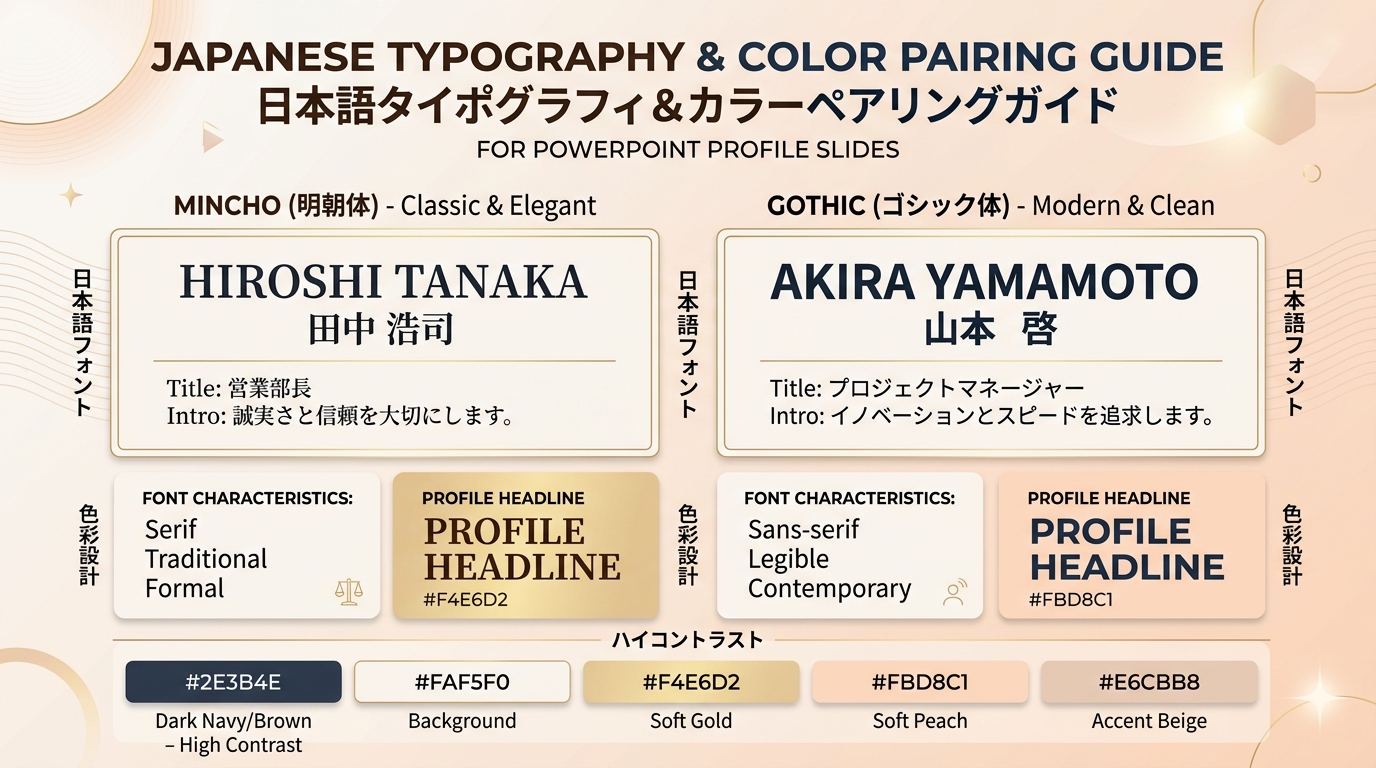 PowerPoint自己紹介スライドのフォント(明朝・ゴシック)と配色トーンマナー図解