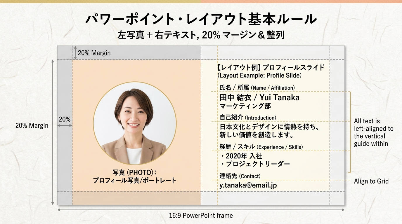 PowerPoint自己紹介スライドの左右分割&20%余白レイアウト図解